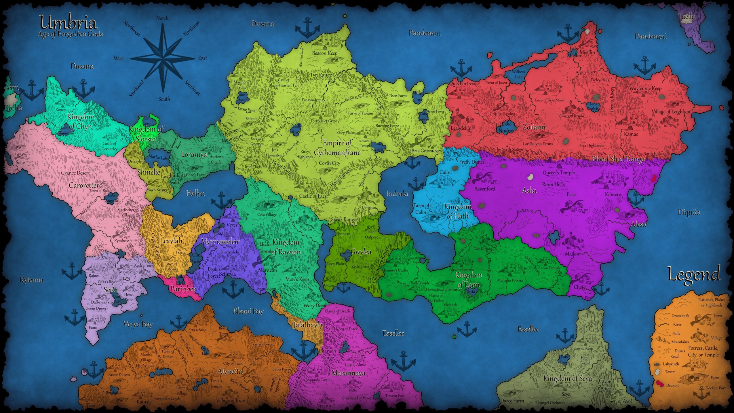 Colorful map of a country divided into regions with labels, a compass rose, and a legend in the bottom right corner.