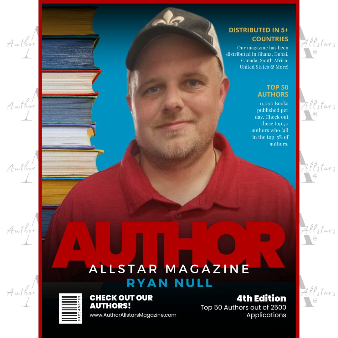 Man with a cap and red shirt standing in front of a bookshelf, magazine cover with text and graphics.