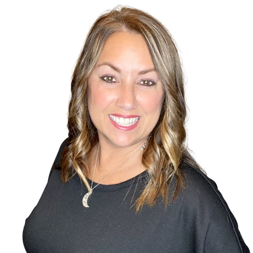Woman with shoulder-length wavy hair smiling, wearing a black top and a necklace, against a black background.