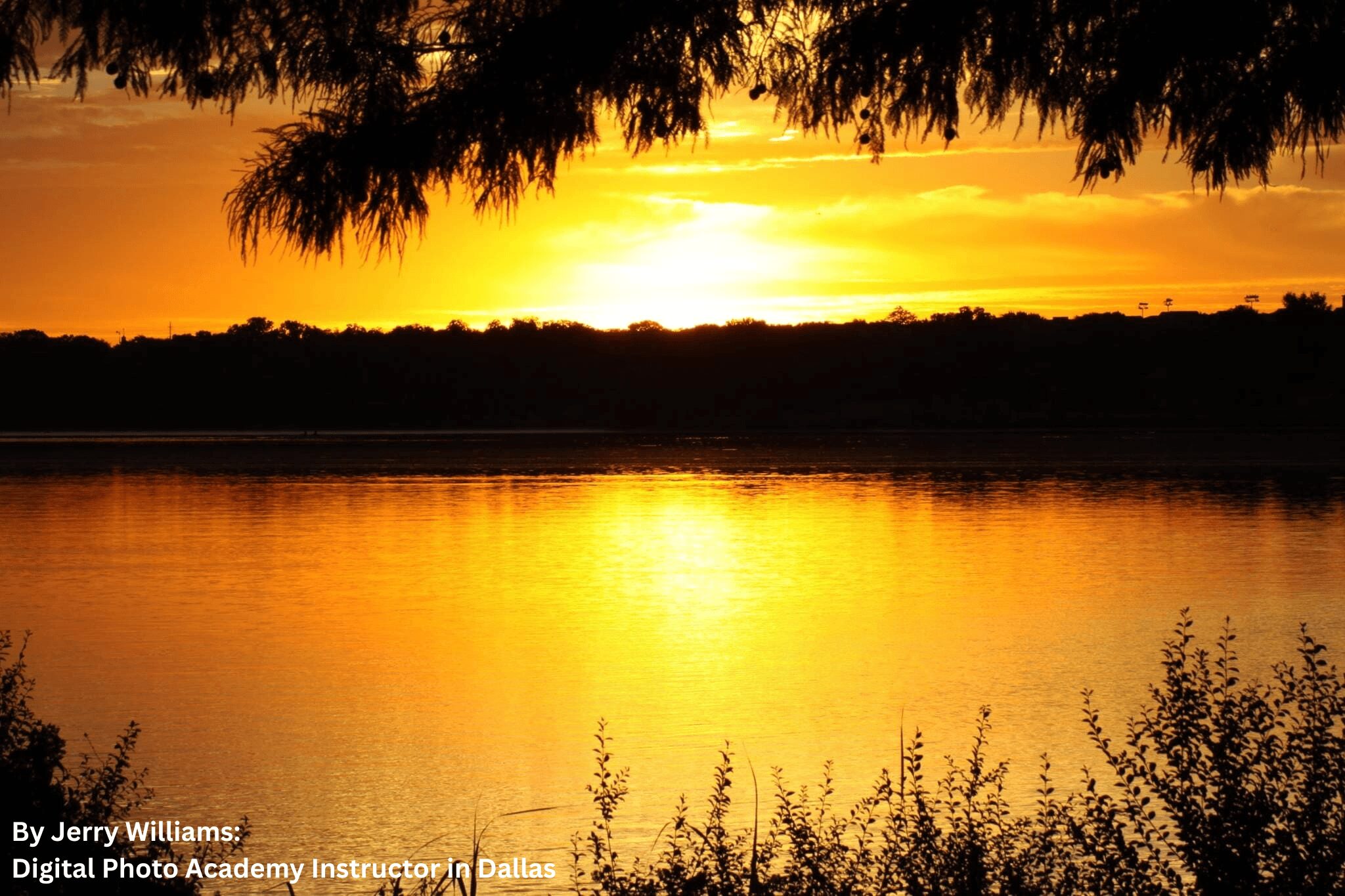 Sunset over a calm lake with trees in the foreground and a bright sky reflected on the water.