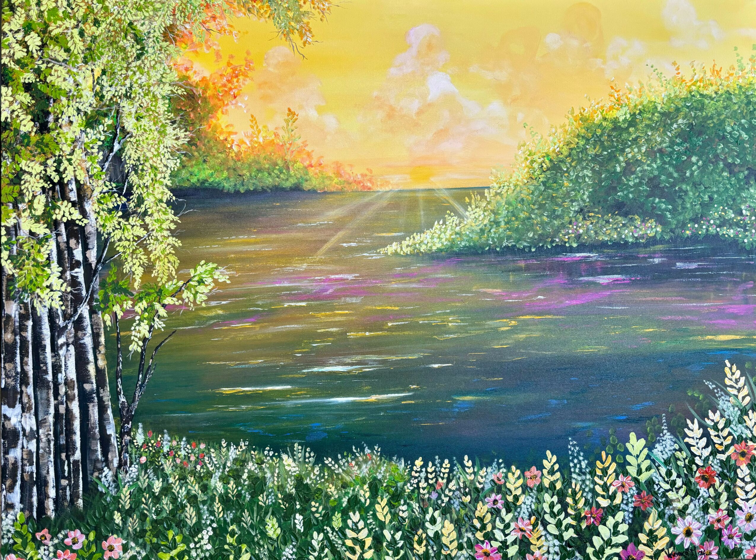 Colorful landscape with a river, trees, and flowers under a bright sky with clouds.