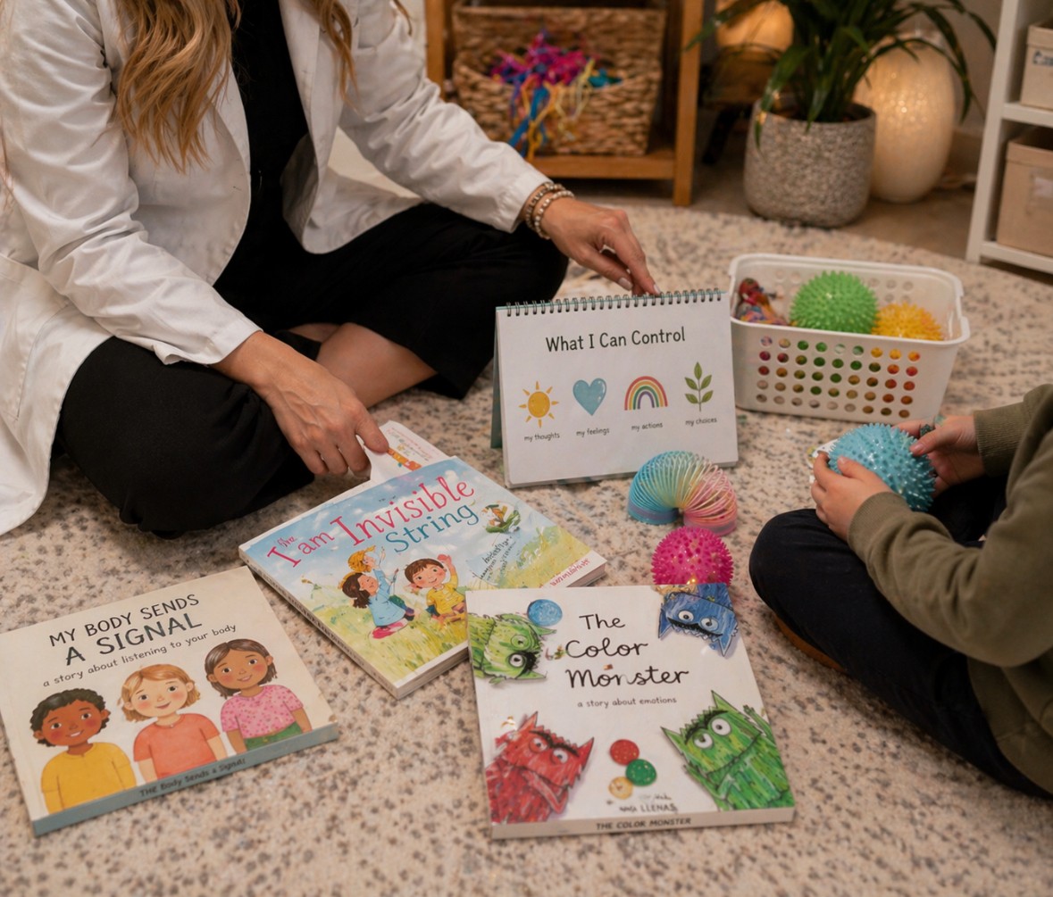 Person sitting on carpet with children's books, colorful balls, and a sign about control and feelings.