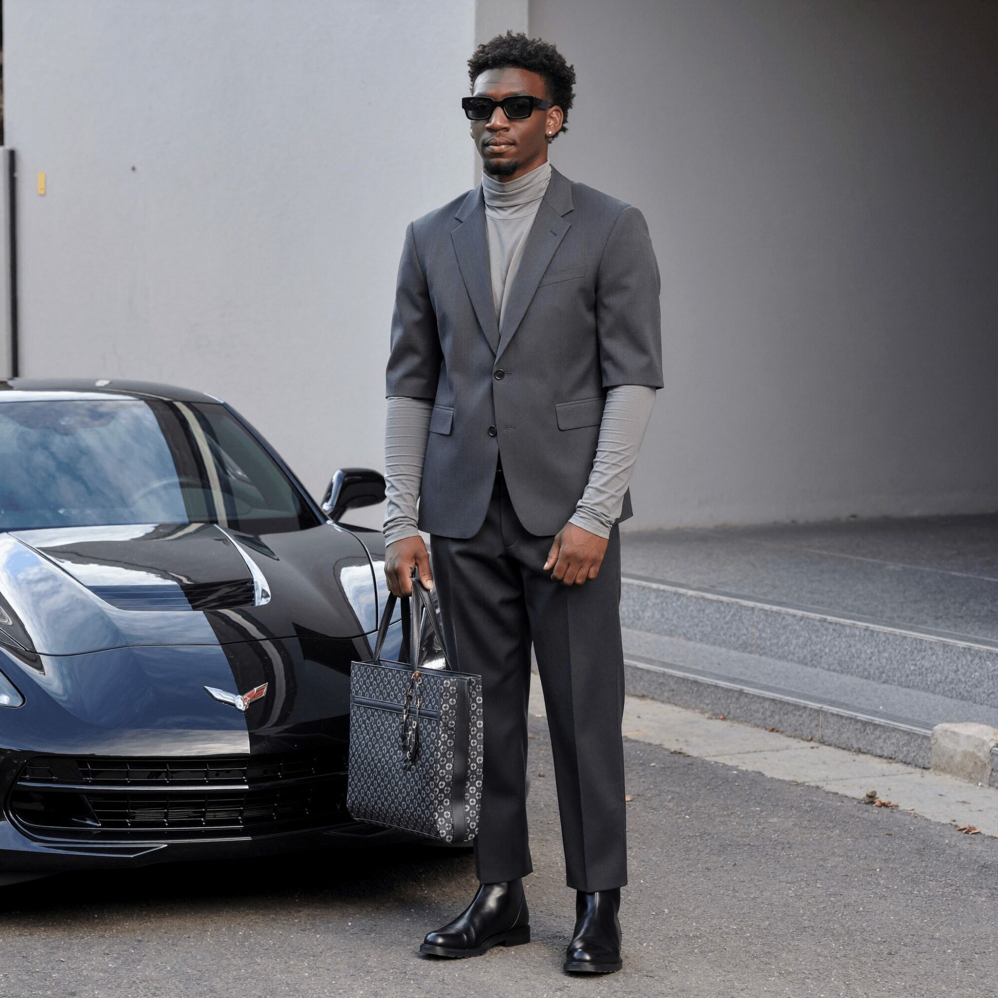 Man in suit and sunglasses standing next to a black sports car holding a patterned bag.