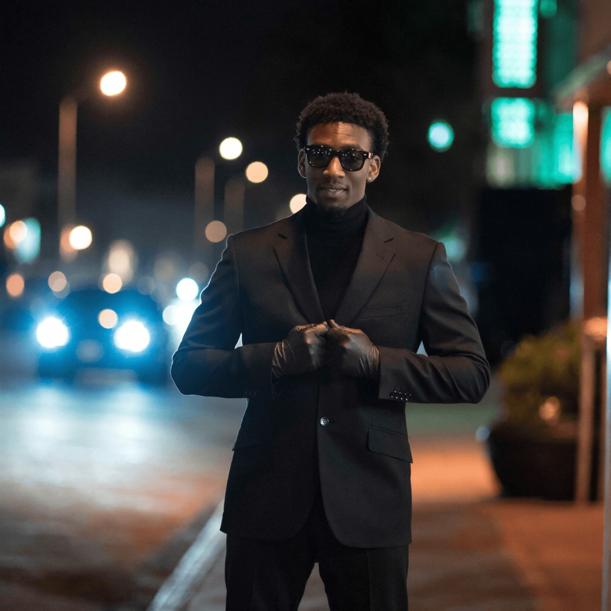 Man in black suit and sunglasses standing on city street at night with blurred lights in background.