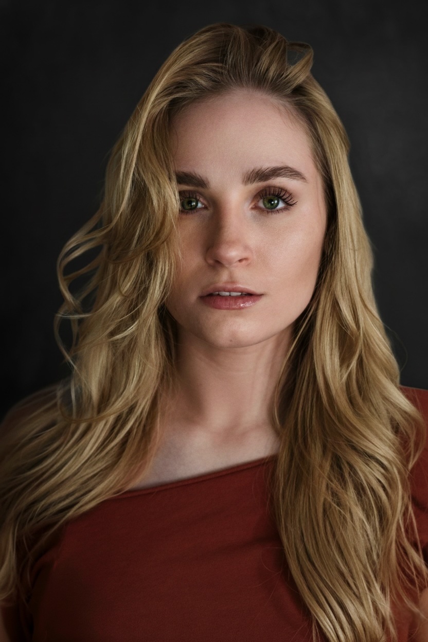 Young woman with long wavy blonde hair and green eyes, wearing a red top, against a dark background.