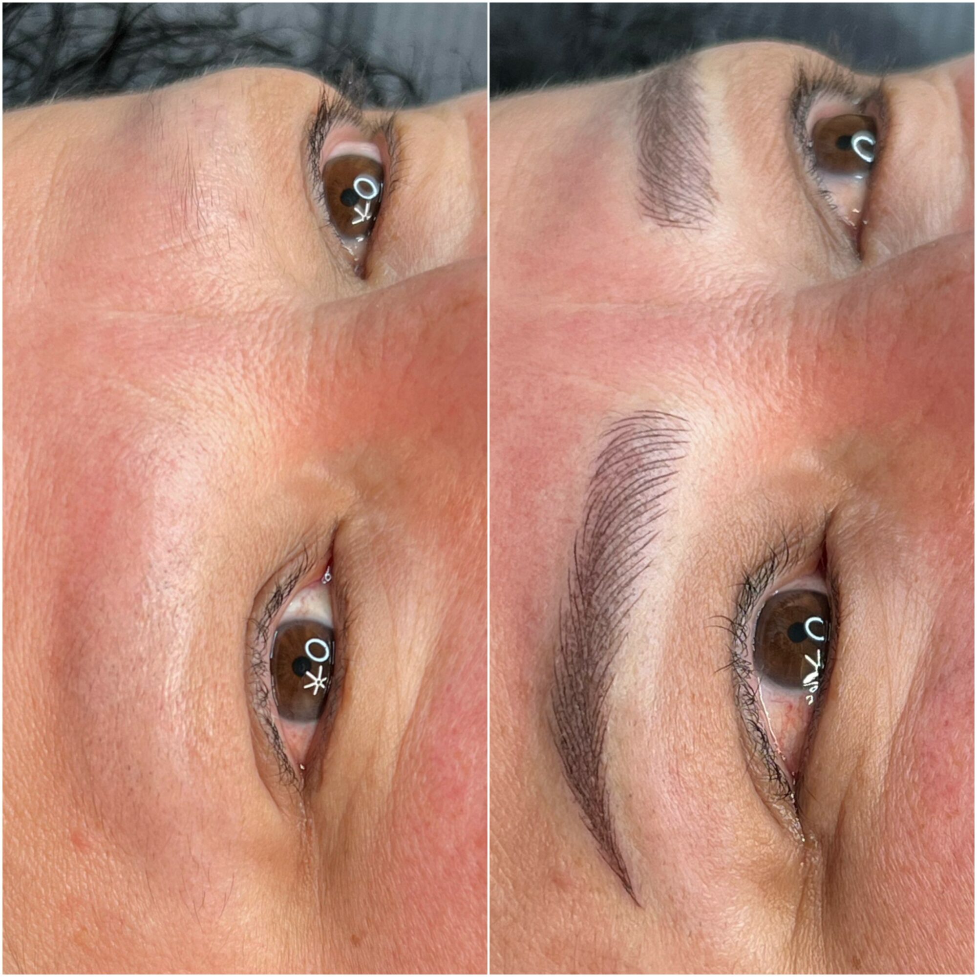 Close-up of eyes showing before and after eyebrow enhancement with defined, filled-in eyebrows.