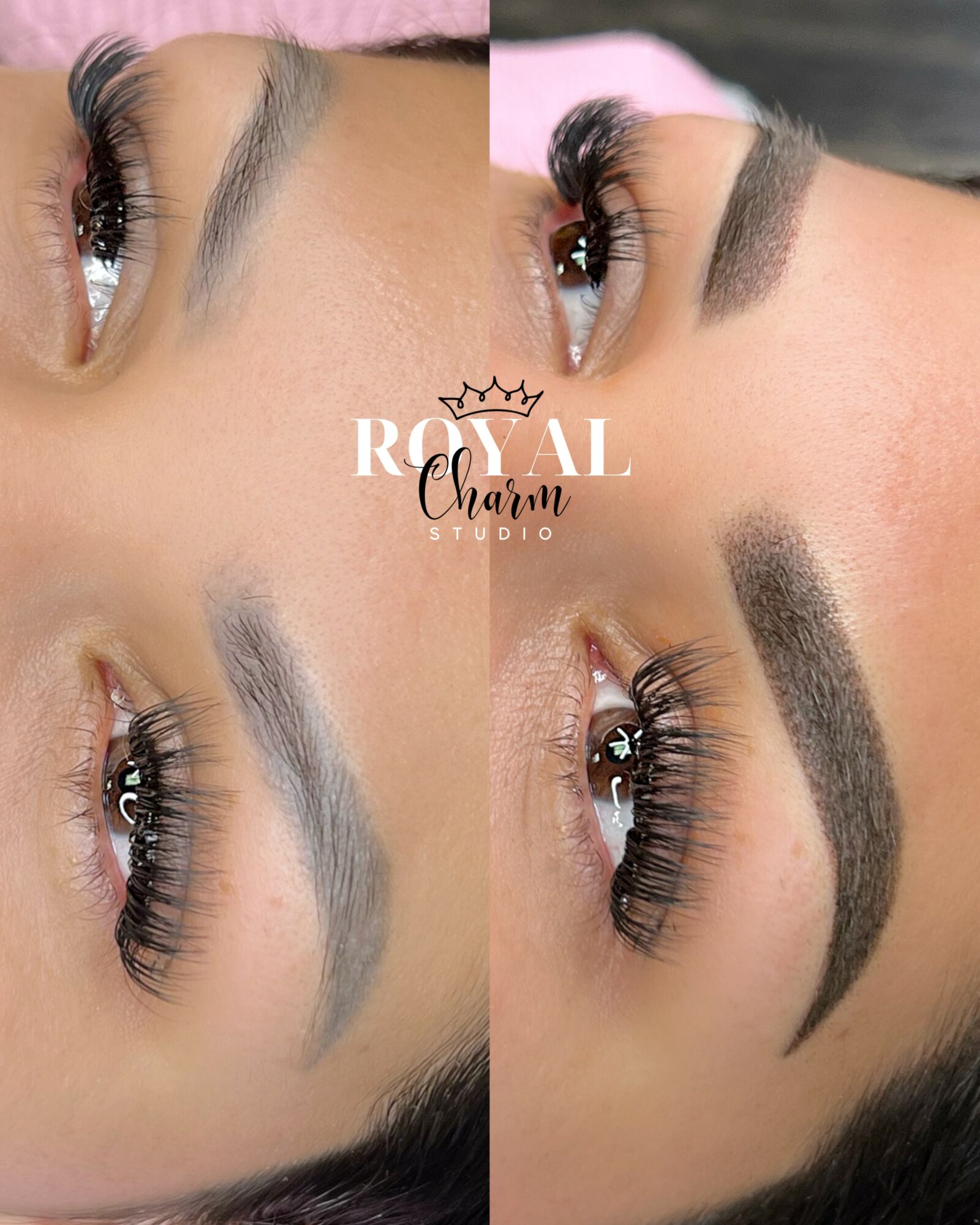 Close-up of a woman's eye with eyelash extensions and well-groomed eyebrows, showing before and after makeup application.