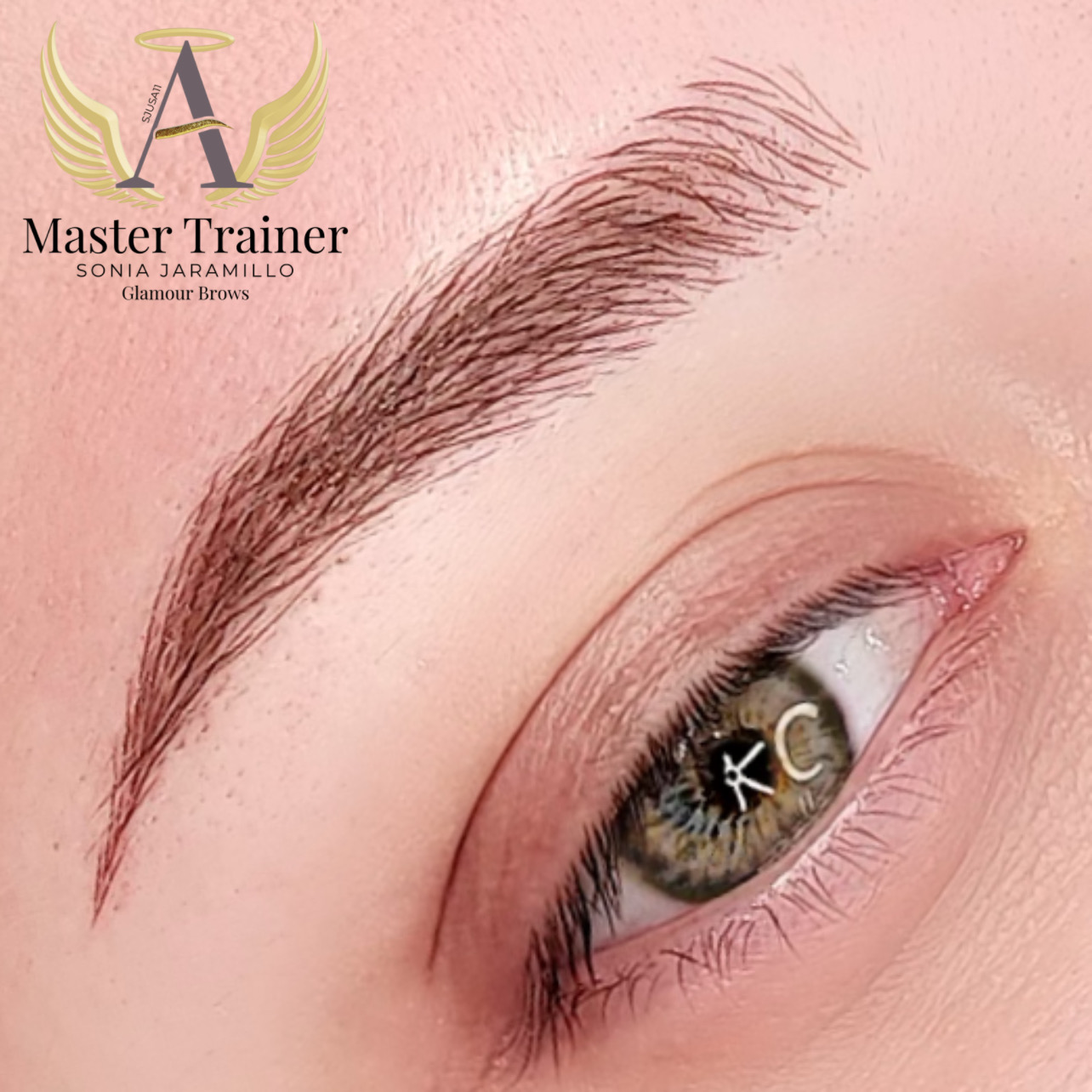 Close-up of a person's eye with well-groomed eyebrow and detailed iris, with a logo in the top left corner.