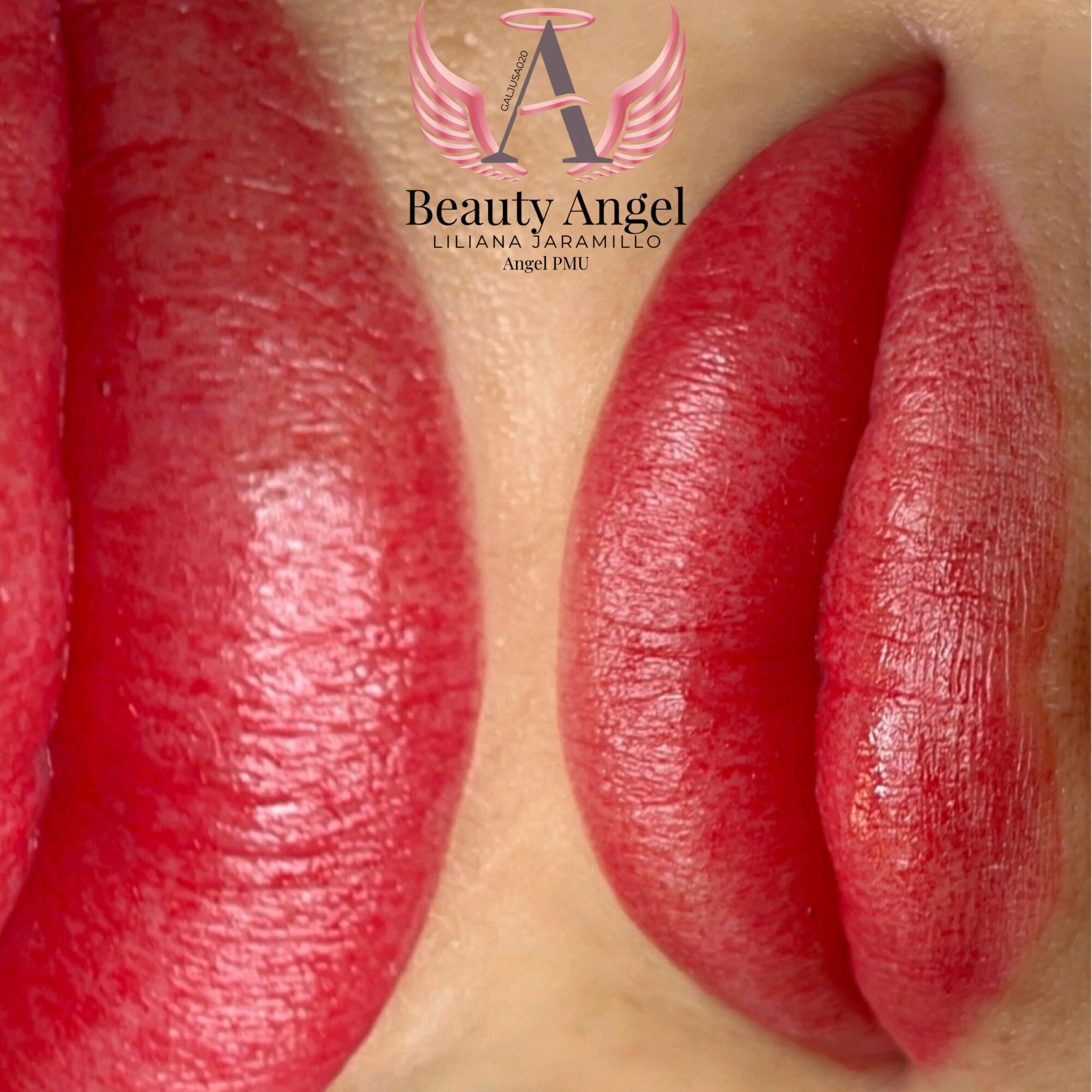 Close-up of lips with red lipstick, showing texture and natural lines.