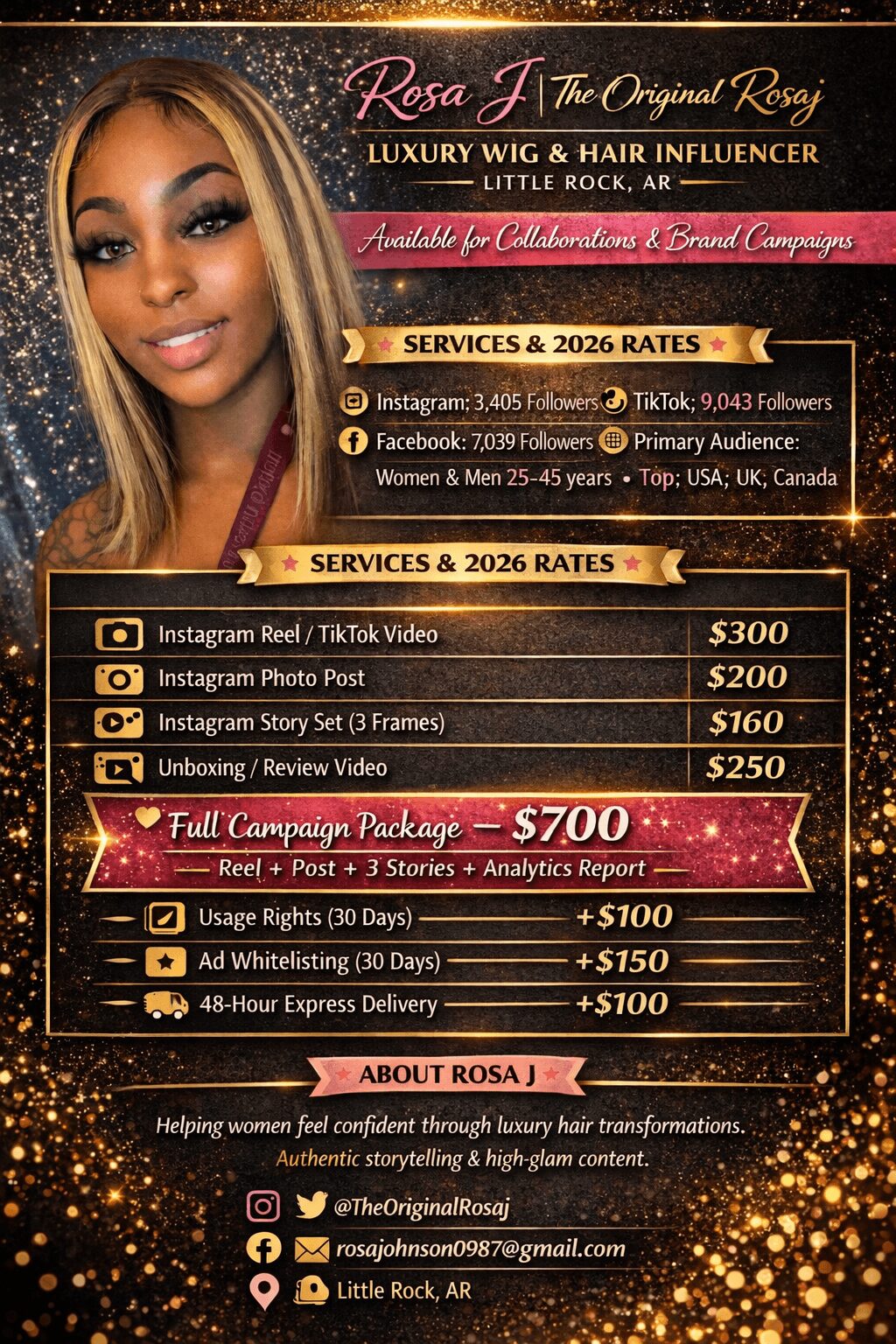 Promotional flyer for Rosa J, a wig and hair influencer, featuring service prices, contact info, and social media handles.