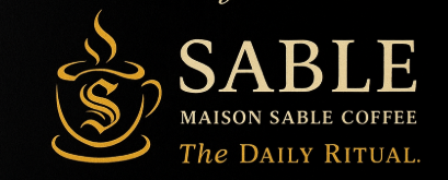 Logo with a coffee cup, steam, and an S, with text about Sable Coffee and daily ritual.
