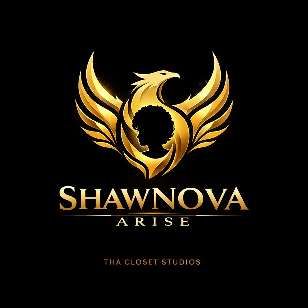 Logo with a gold phoenix, a person's silhouette, and the text 'SHAWNOVA ARISE' and 'THA CLOSET STUDIOS'.