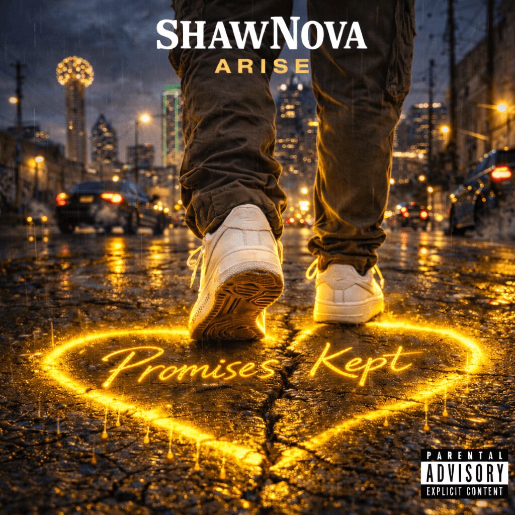 Person walking on wet city street at night, glowing circle with text below, city lights in background.