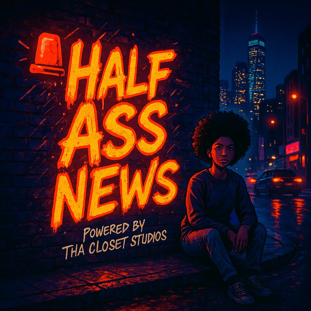 Person sitting on street curb at night with city skyline and neon sign reading 'Half Ass News'.