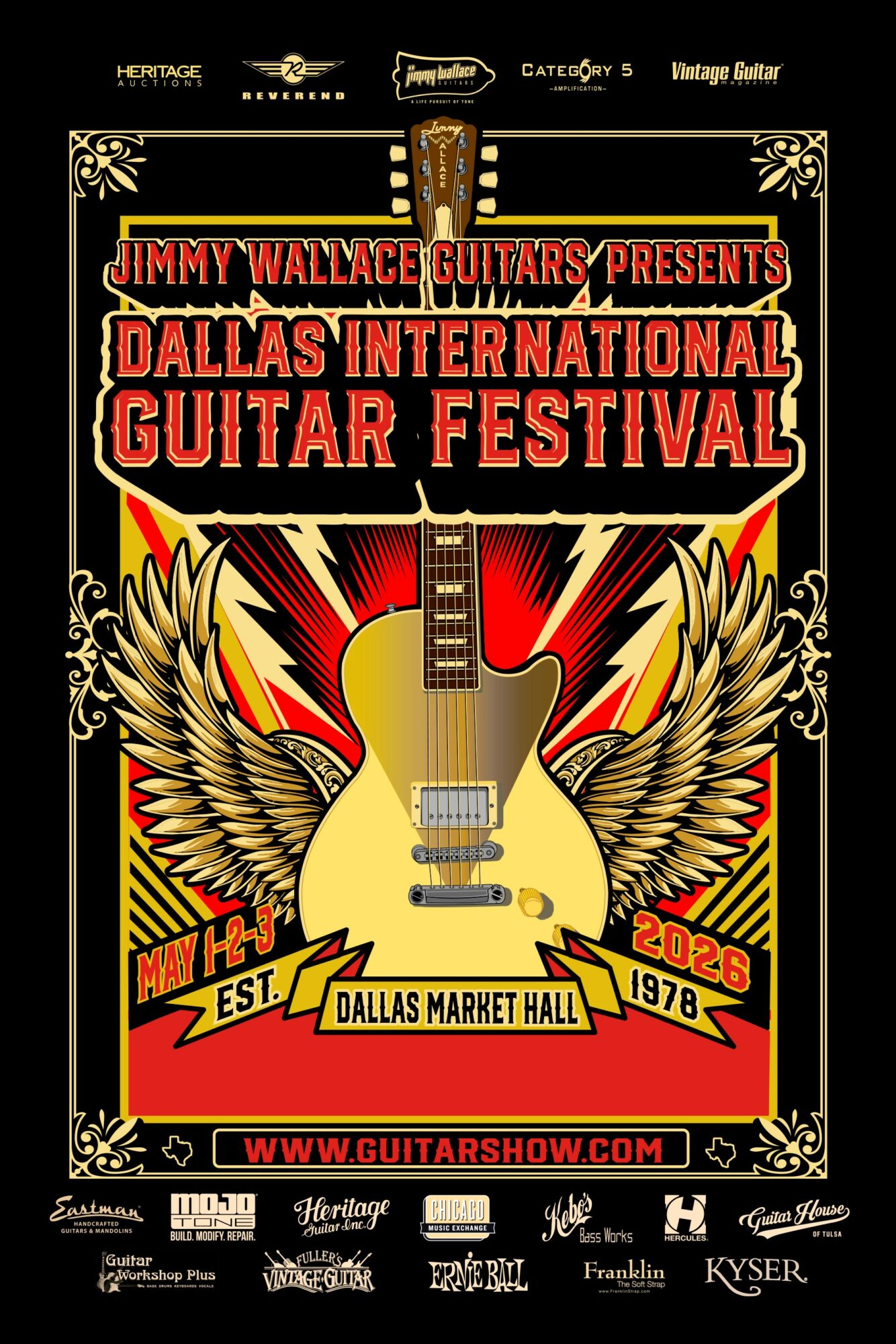 Guitar with wings and lightning bolts, event details for Dallas International Guitar Festival, 2026, at Dallas Market Hall, website link.