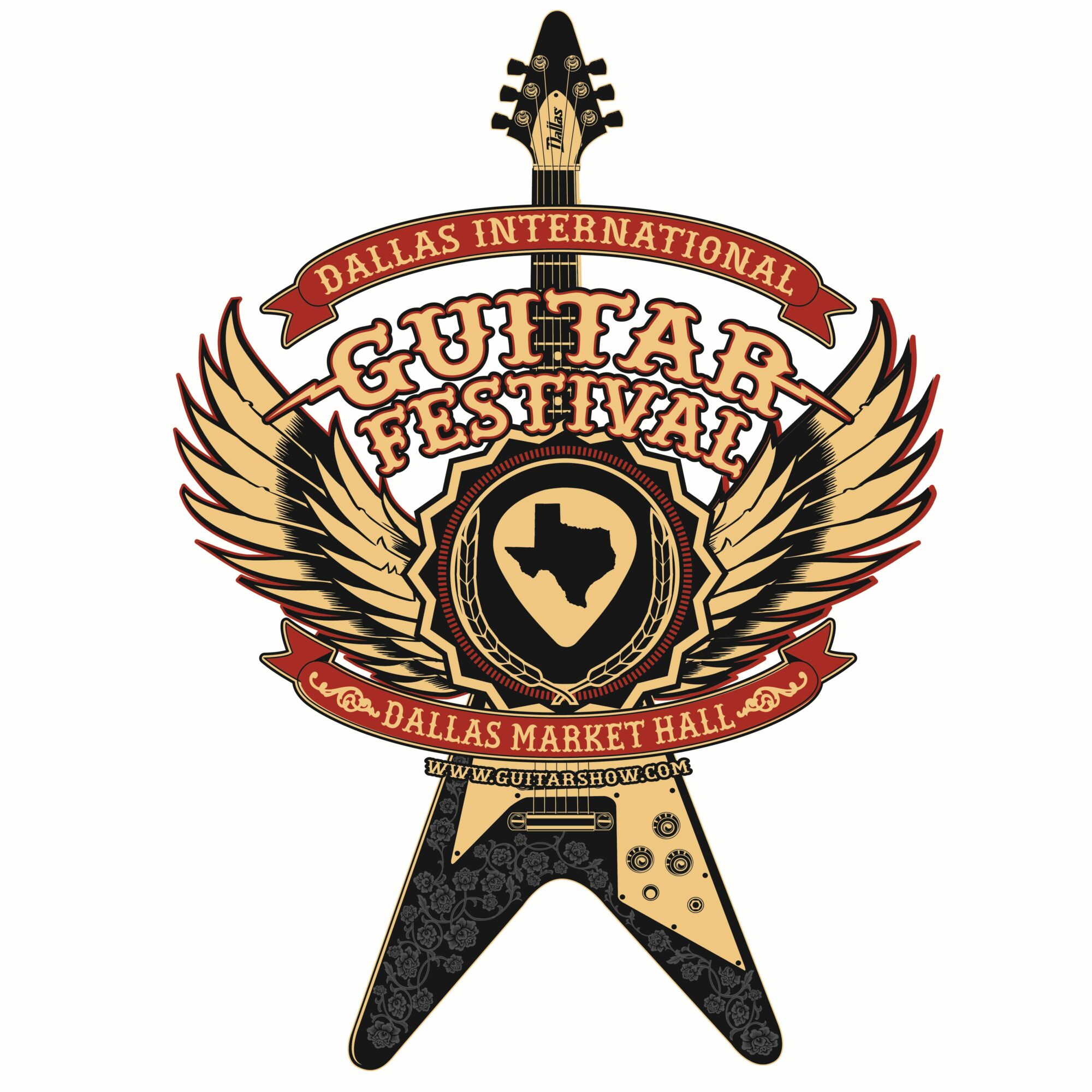 Guitar festival logo with wings, Texas shape, and guitar headstock, featuring text and decorative elements.
