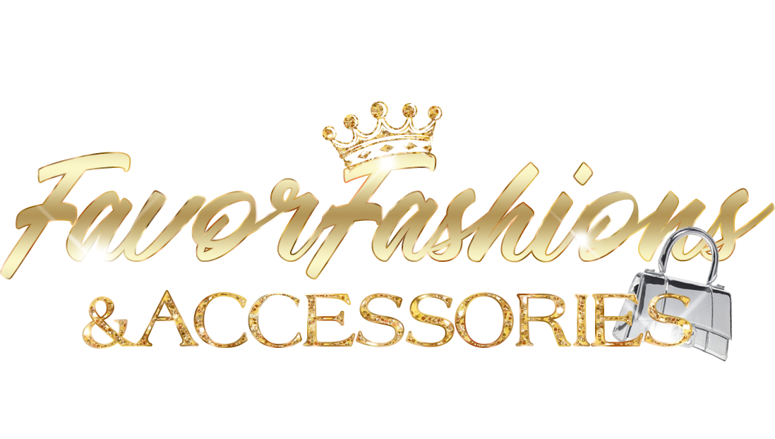 Text reading 'Favorite Fashions & Accessories' with a crown and a purse, on a black background with sparkles.