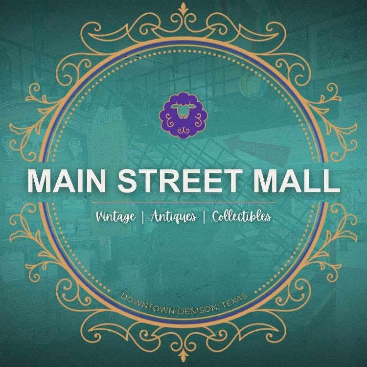 Sign for Main Street Mall with vintage, antiques, collectibles text, decorative gold border, and purple emblem.