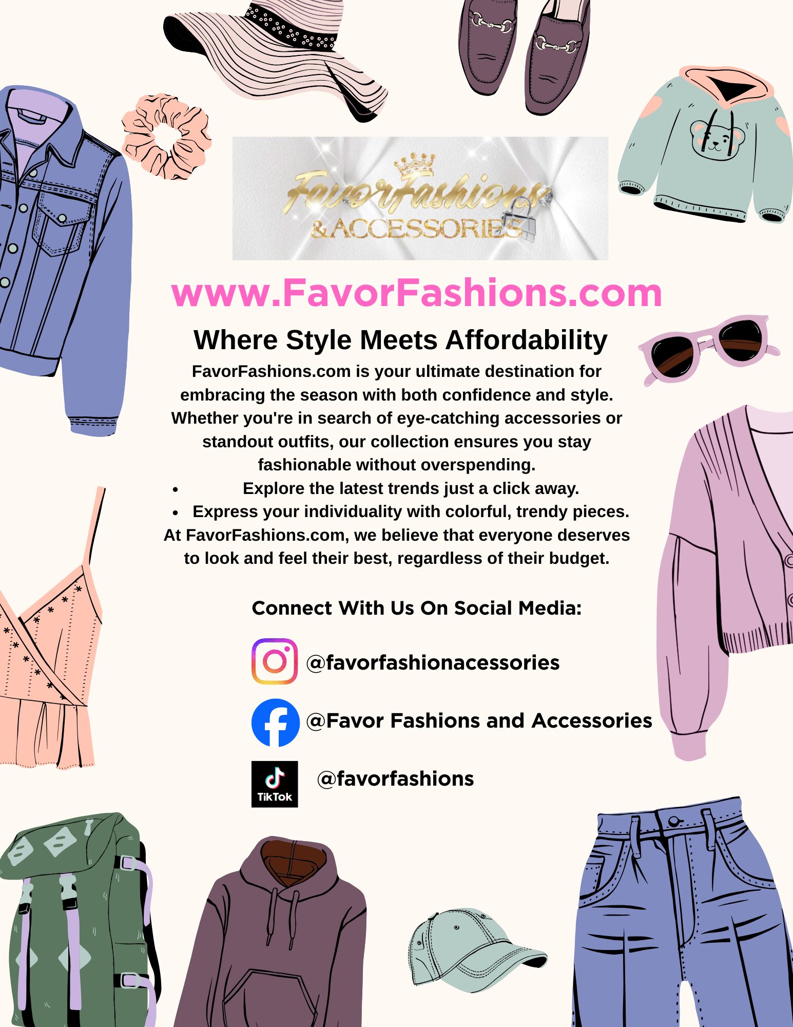 Collection of clothing items including jackets, shoes, and accessories with text about fashion accessories and social media links.