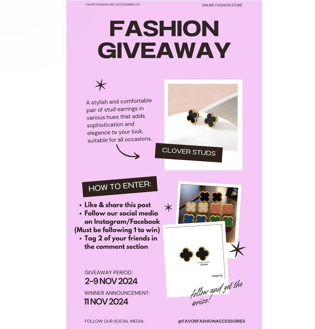 Pink background with text about a fashion giveaway, images of clover stud earrings and eyeshadow palette, and instructions to enter.