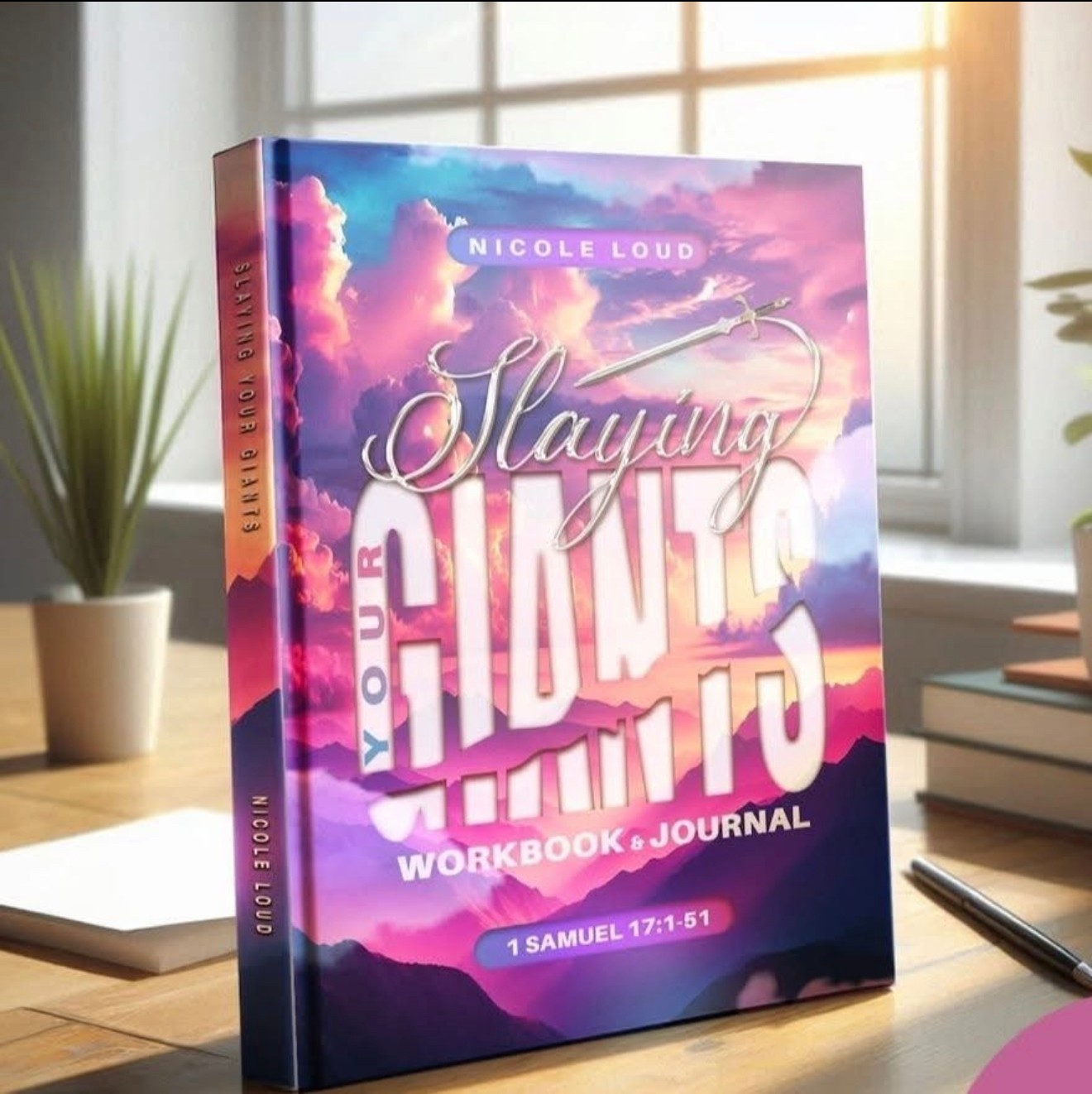 Book titled 'Slaying Your Hunger Workbook Journal' with a colorful sky background, placed on a desk with plants and books.