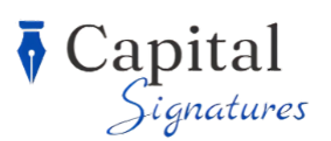Logo with a blue fountain pen nib icon and the words 'Capital Signatures' in black and blue text.