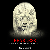 A white lion with piercing eyes, facing forward, with a dark background and red title text below.