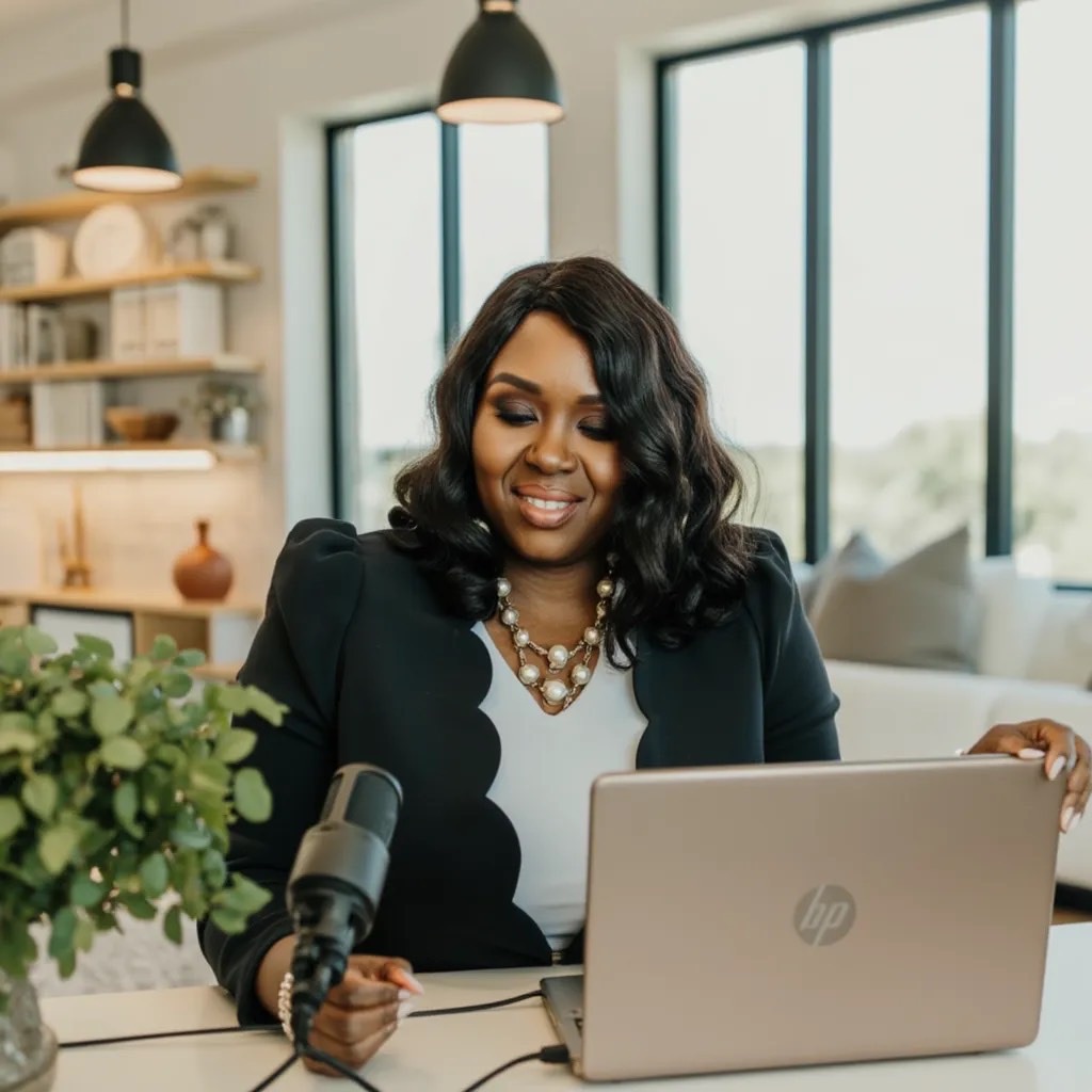 Woman with dark wavy hair smiling at laptop in bright room with large windows and shelves.