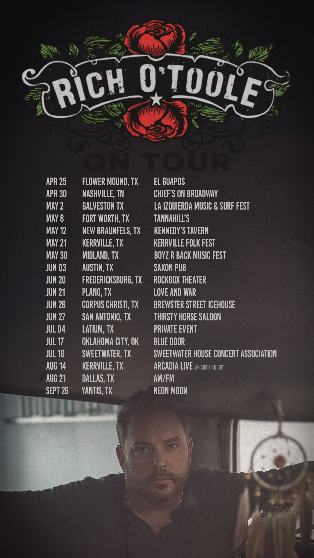 Event schedule list with names and locations, and a decorative sign with roses at the top.
