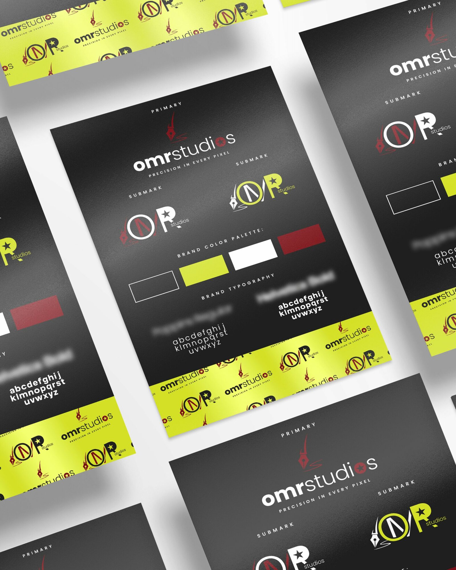 Multiple identical promotional flyers with black background, yellow and white accents, and red text, arranged in a pattern.