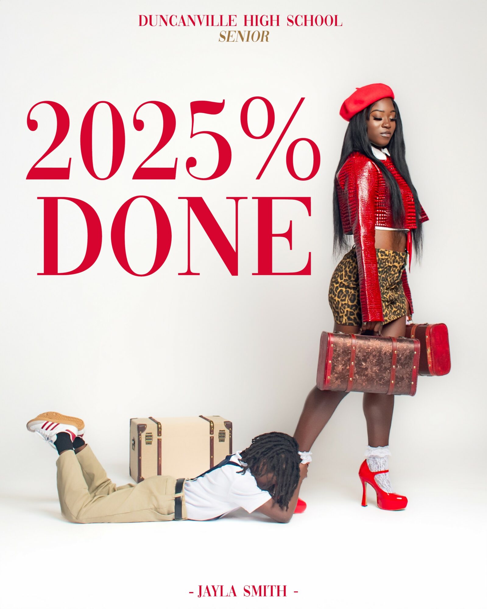 A girl in red shoes and a red hat stands with a suitcase, a boy lies on the floor with luggage, text reads '2025% DONE'.
