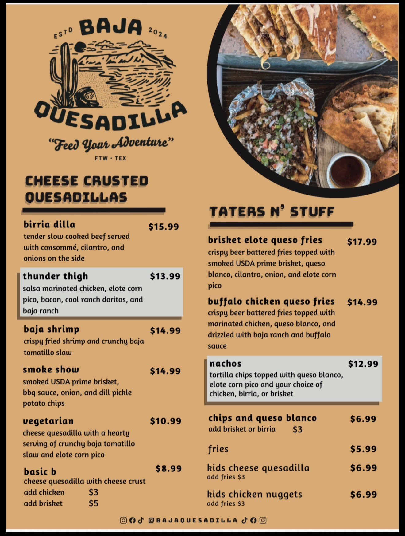 Menu with cheese stuffed quesadillas, tater n stuff, and other dishes, with images of food items at the top right.