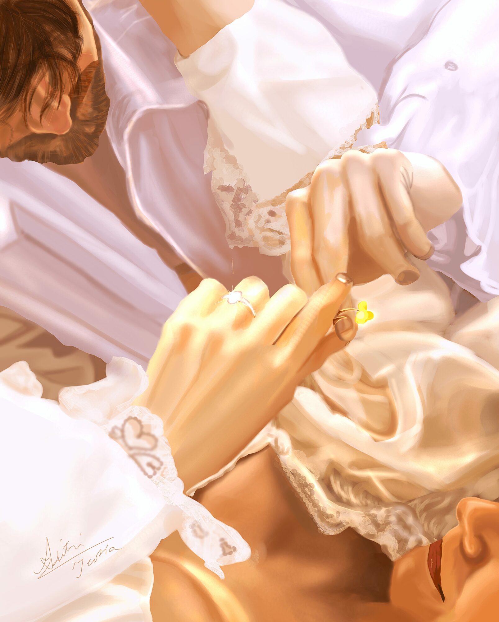 Two people holding hands, one with a lace cuff, lying on a bed with white sheets.