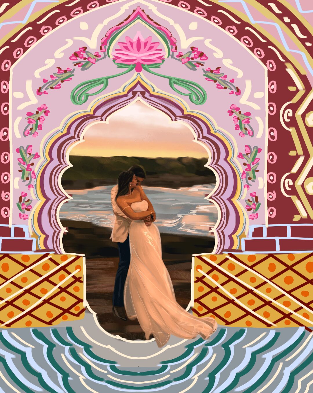 Couple embracing on a beach with a colorful, ornate arch and sunset in the background.