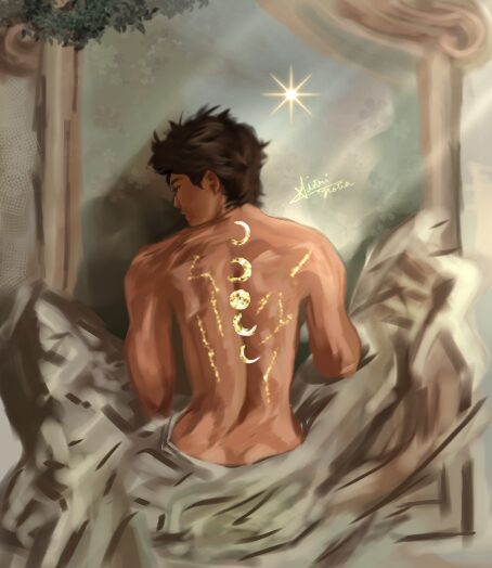 Back view of a person with short dark hair, sitting among rocks, with a glowing star and moon symbols on their back.