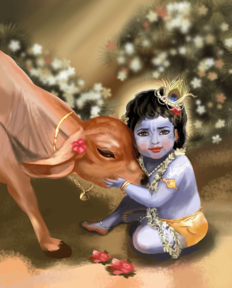 Child with blue skin and traditional attire interacts with a calf in a natural setting with flowers and greenery.