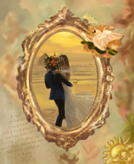 Couple dancing by the water with sunset reflection, framed by ornate mirror with flower decoration.