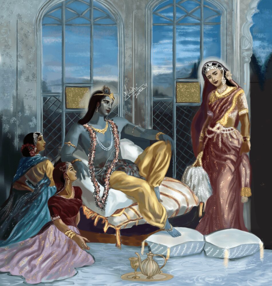 Four women in traditional attire in a room with large windows, one seated on a bed, others standing nearby.