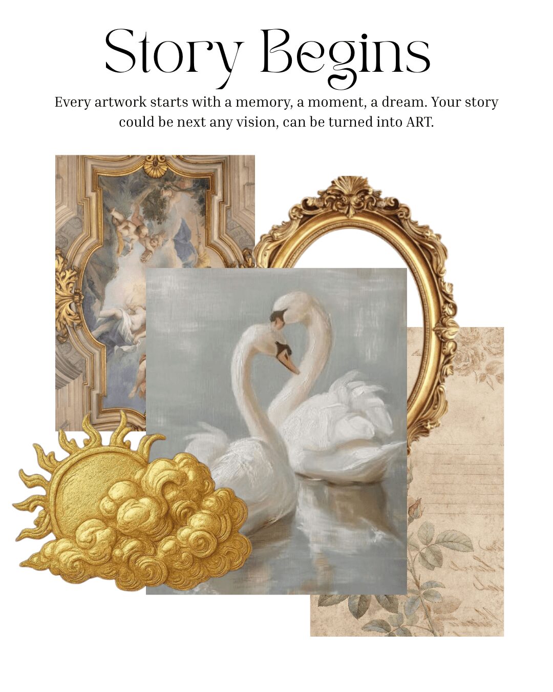 Multiple framed artworks and decorative objects arranged together, including a painting of swans, ornate frames, and a gold decorative piece.