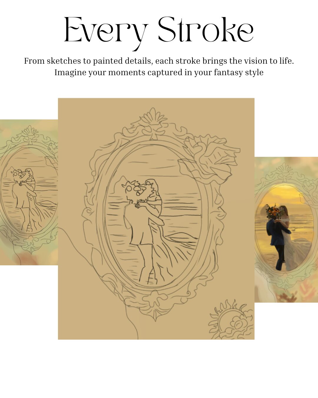 Sketch of a couple dancing inside an ornate frame, with a person taking a photo outdoors in the background.