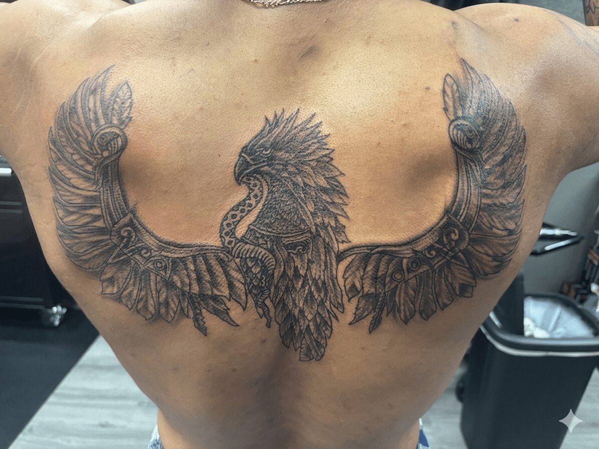 Large tattoo of a bird with outstretched wings and a detailed head on a person's chest.