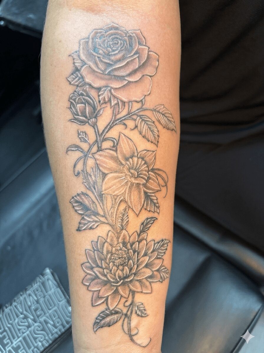 Black and gray floral tattoo with roses, a lily, and a chrysanthemum on forearm.