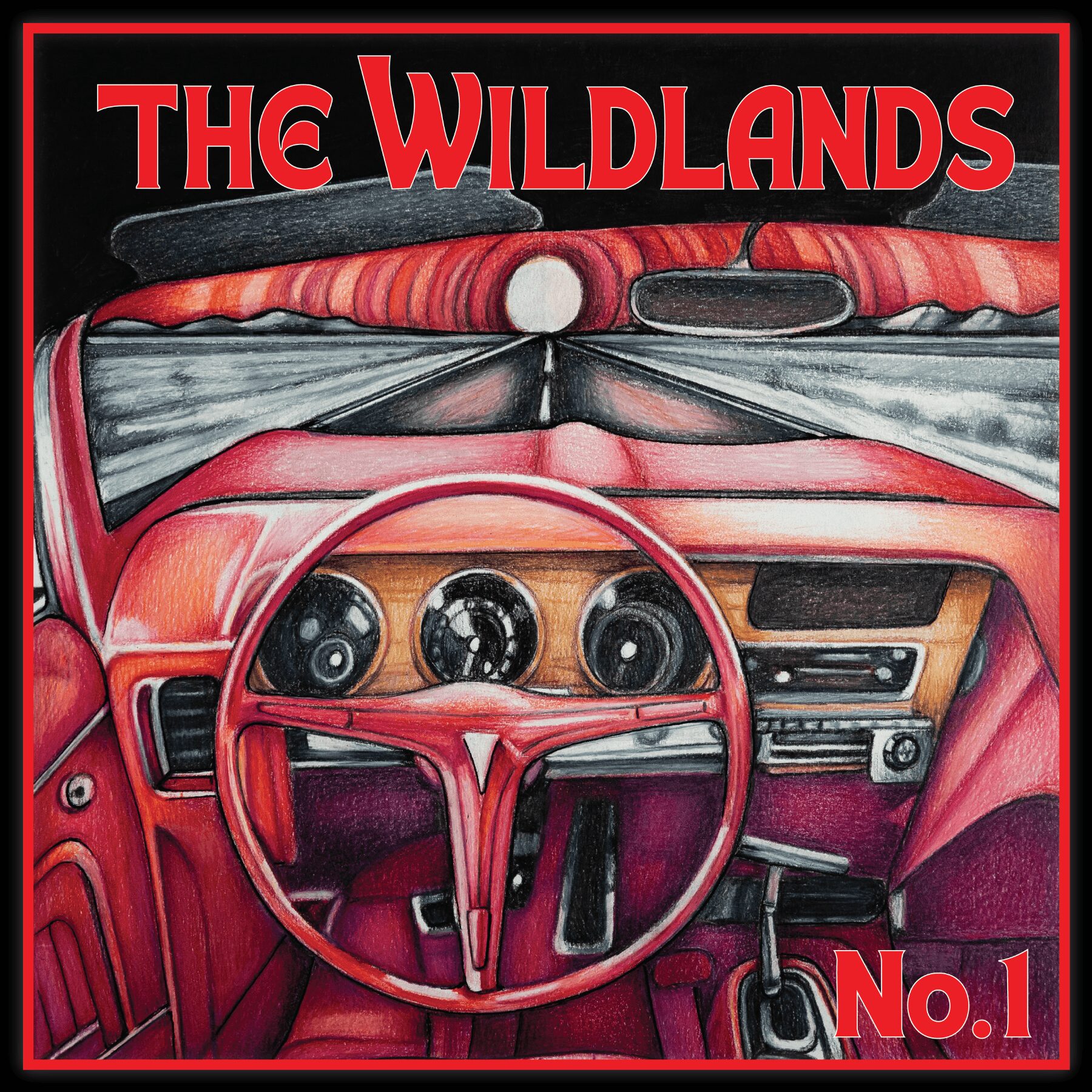 Illustration of a red vintage car interior with a steering wheel, dashboard, and a hat on the back seat, titled 'The Wildlands'.