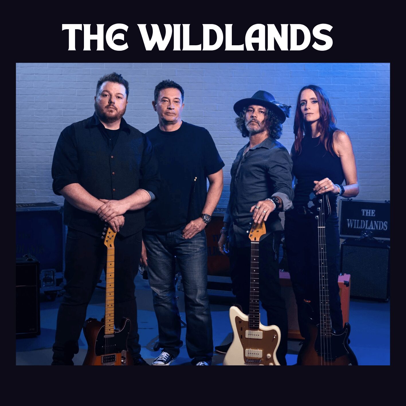 Four band members stand with guitars in front of a wall with 'The Wildlands' sign.