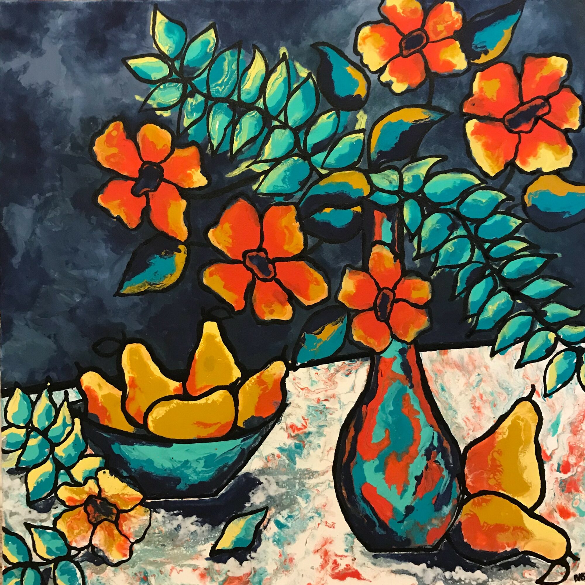 Vase with orange flowers and yellow lemons on a table with a dark background.
