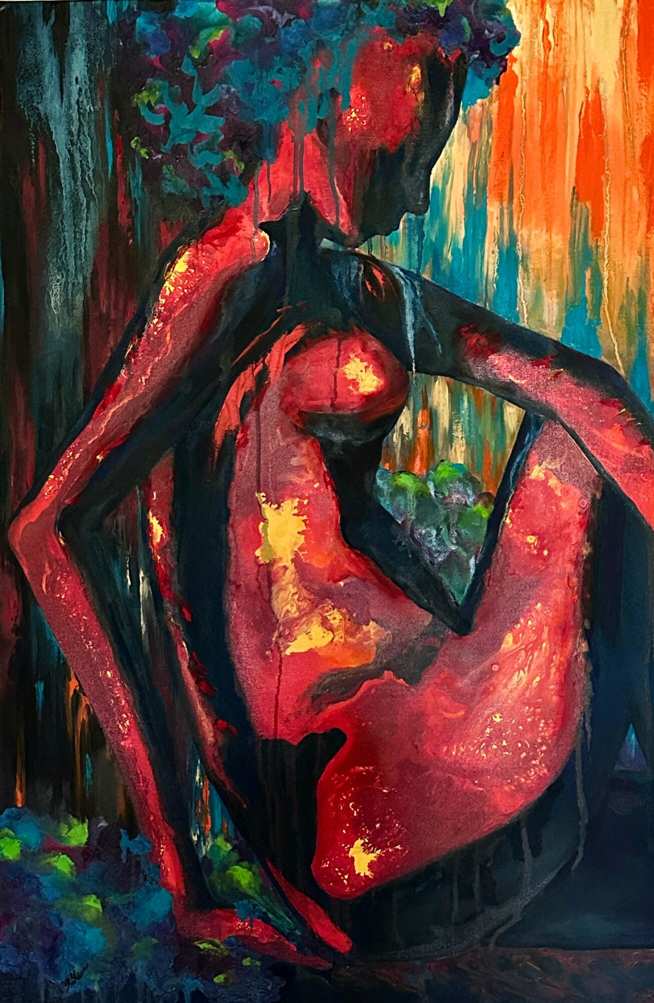 Abstract painting of a seated female figure with curly hair, using vibrant red, orange, blue, and green colors.