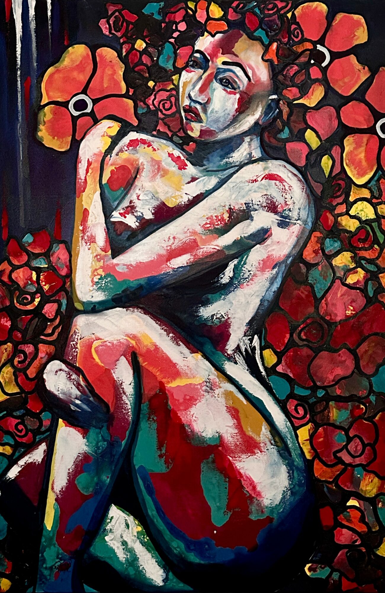 A colorful painting of a nude woman with flowers in the background, sitting with arms crossed over her chest.
