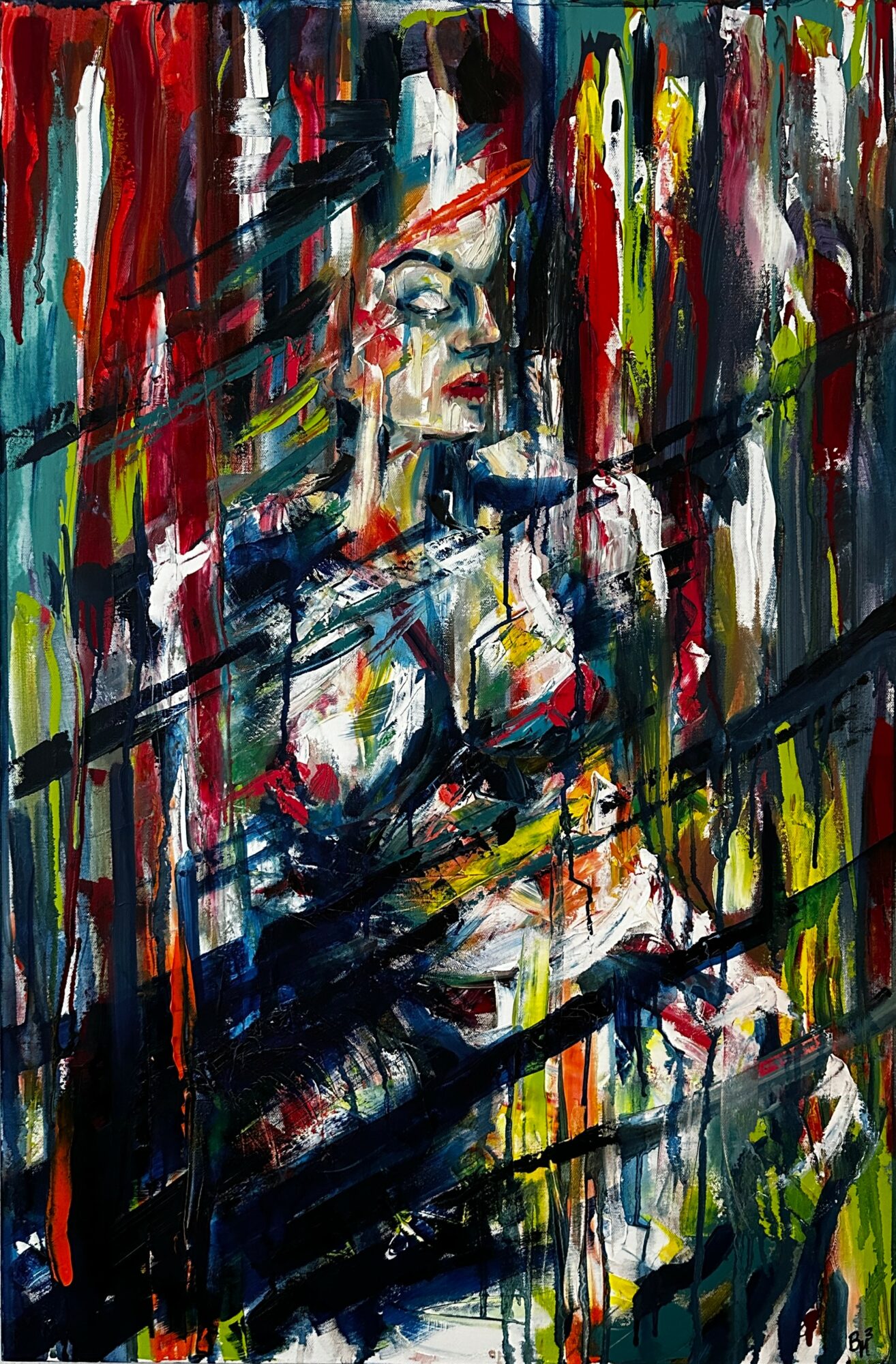 Abstract painting of a woman with glasses, surrounded by colorful, vertical and horizontal streaks of paint.