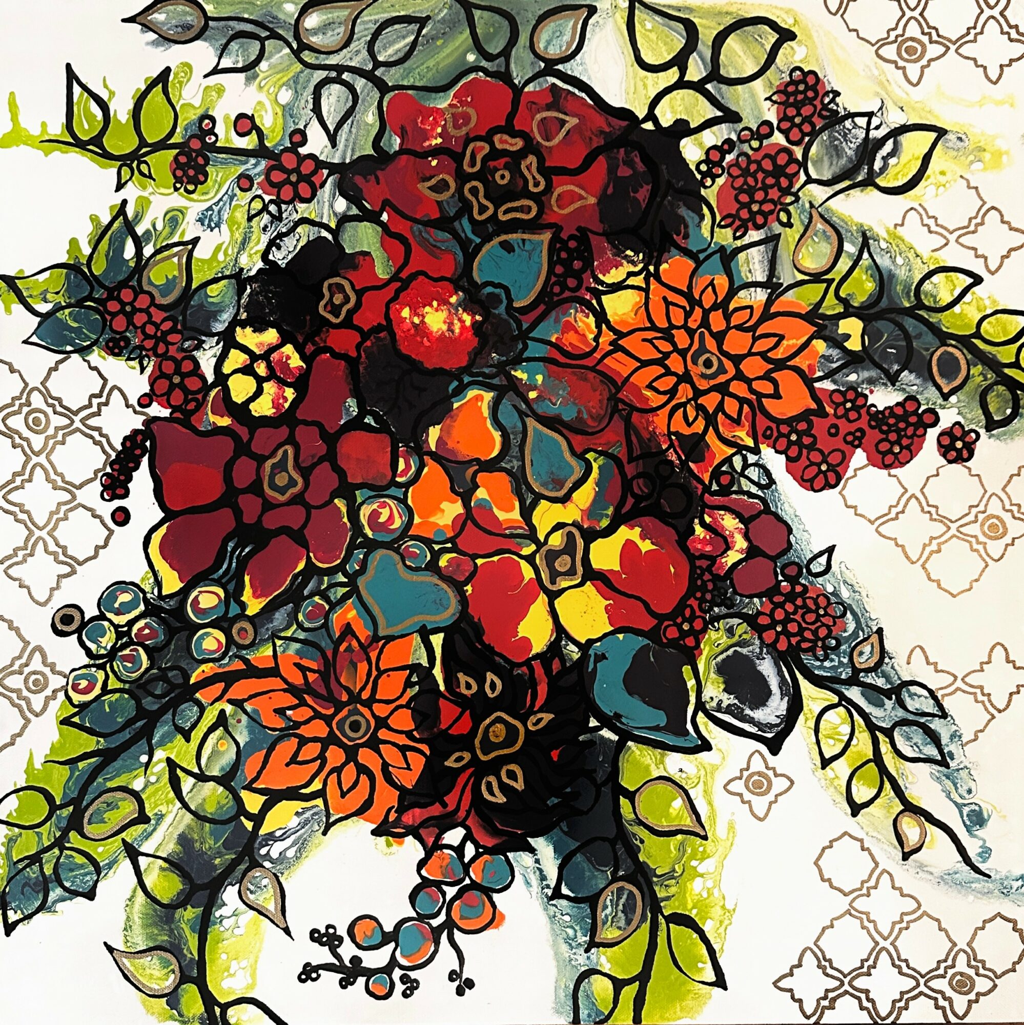 Colorful abstract floral arrangement with red, orange, yellow, and green elements on a patterned background.