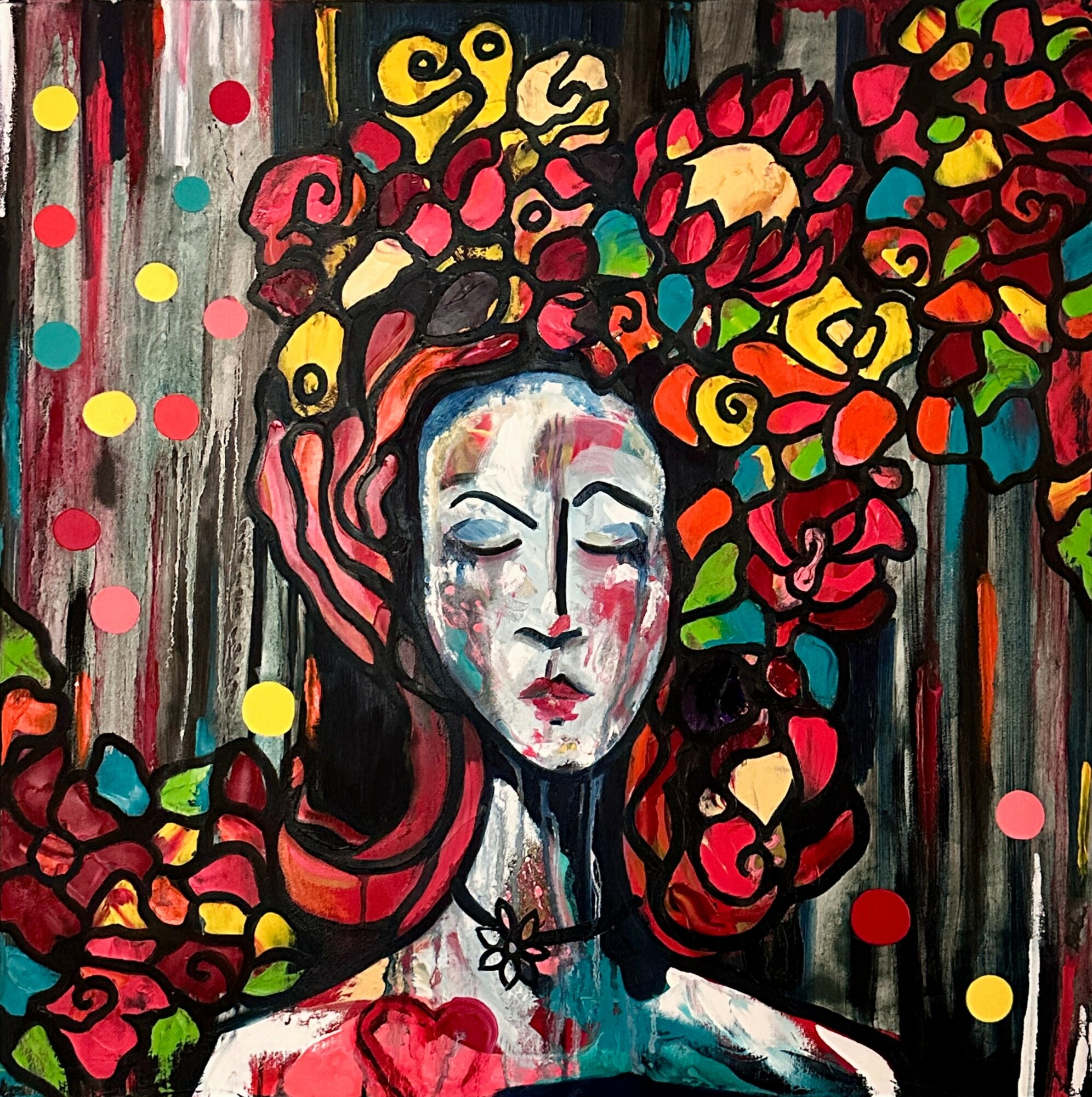 Portrait of a woman with closed eyes surrounded by colorful flowers and abstract background.
